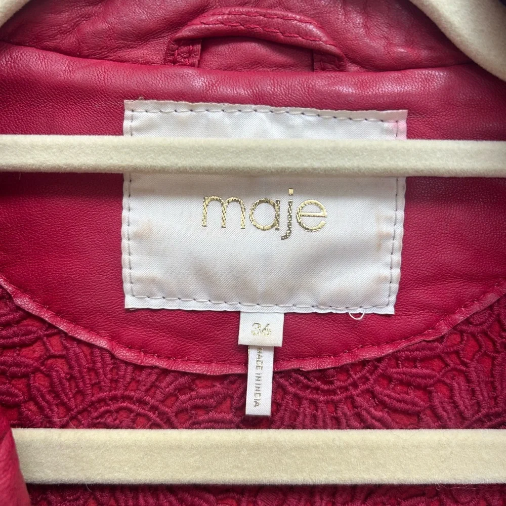 MAJE RED CROPPED LAMBSKIN LEATHER MOTO BIKER FLORAL LINED JACKET FR 36 S… - Picture 3 of 4